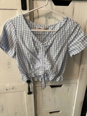 SO Blue Gingham Ruched Drawstring Crop Top
